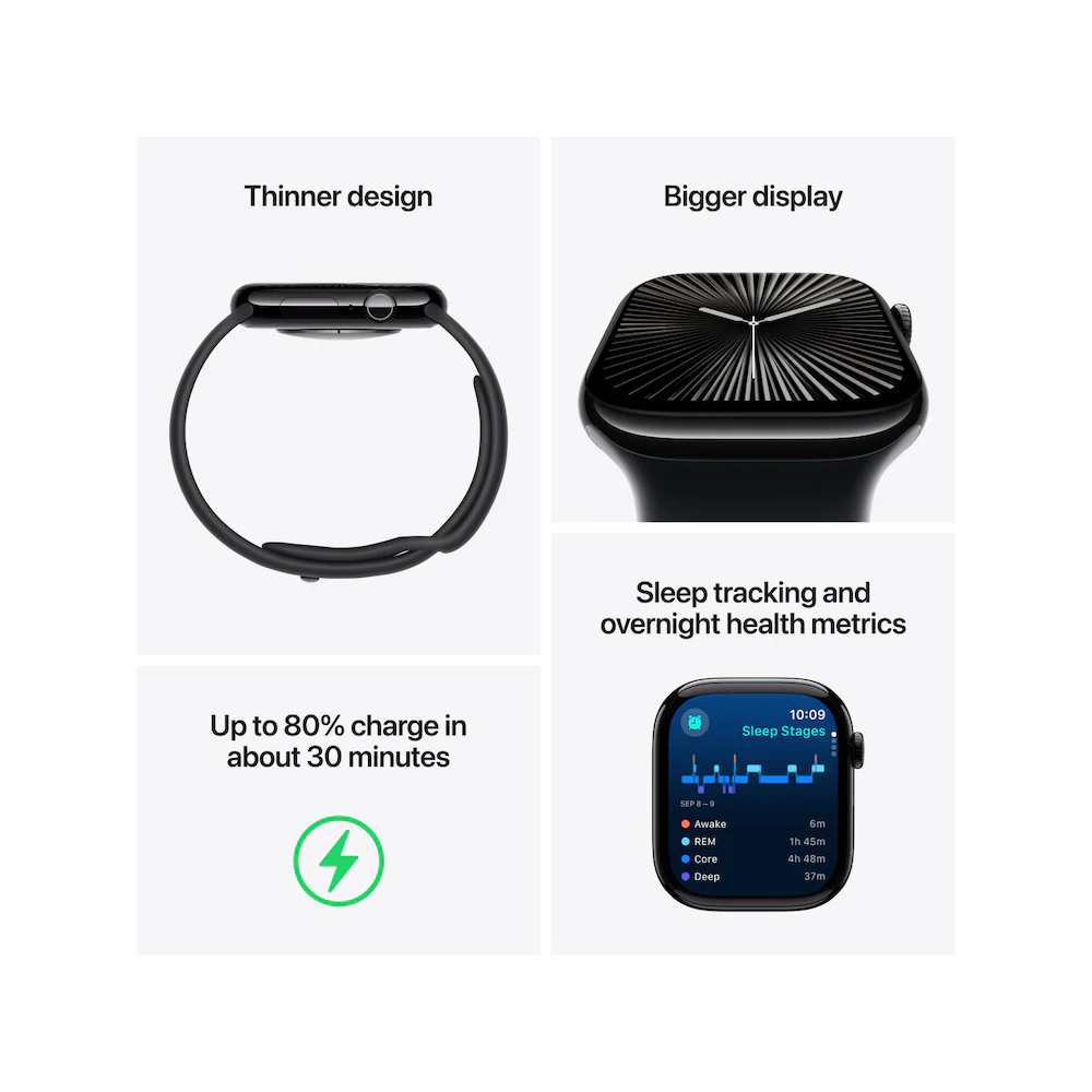 Apple Watch Series 10 42mm Jet Black Aluminium Case with Black Sport Band - Image 3